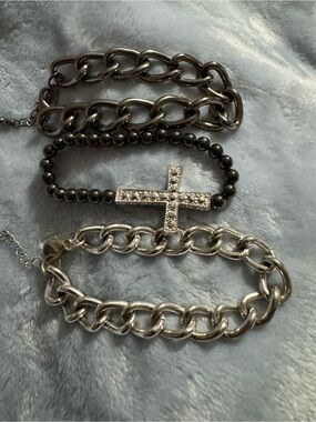 Cross Bead & Chunky Chain Bracelet Set in Silver and Gunmetal